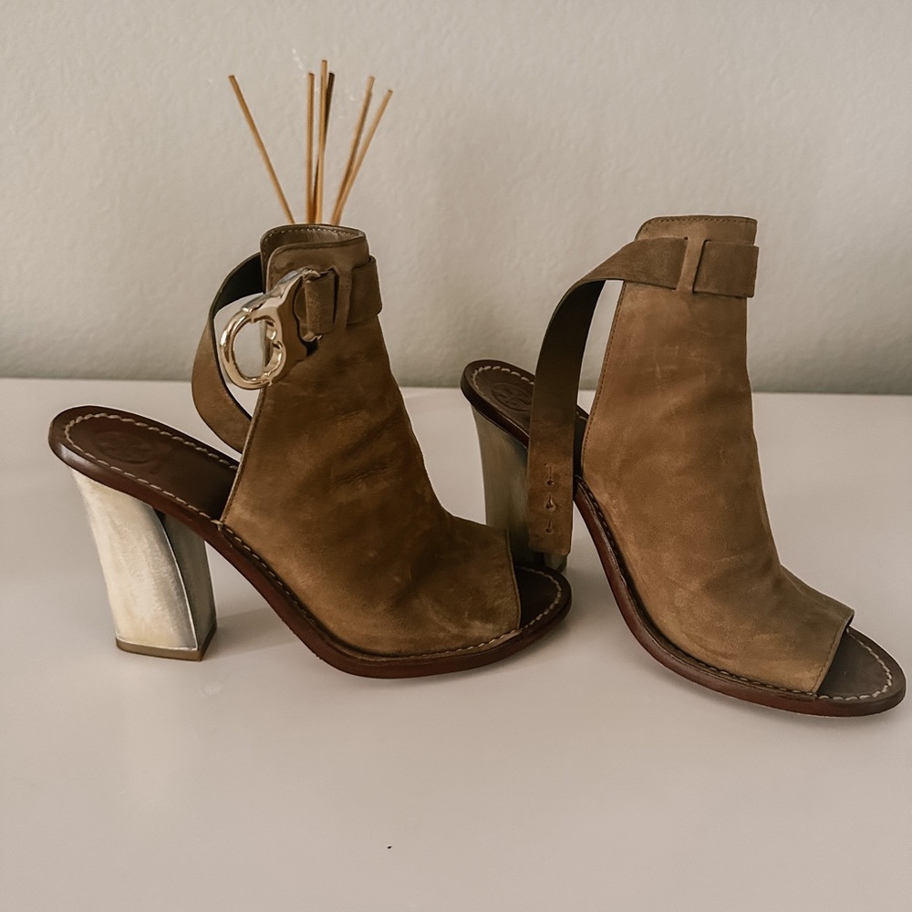 Tory Burch Olive Suede Open Toe Bootie